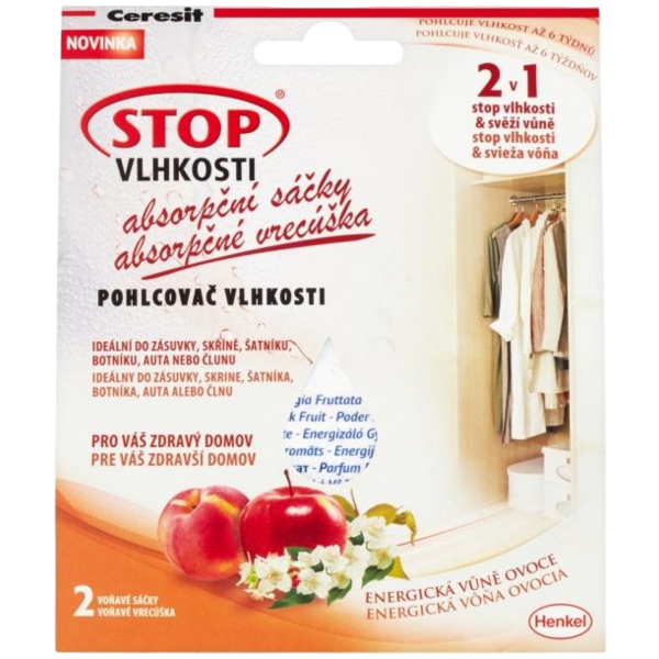 Ceresit Stop Vlhkosti Absorpčné vrecká energická vôňa ovocia 2 x 50g Ceresit Stop Vlhkosti Absorpčné vrecká energická vôňa ovocia 2 x 50g