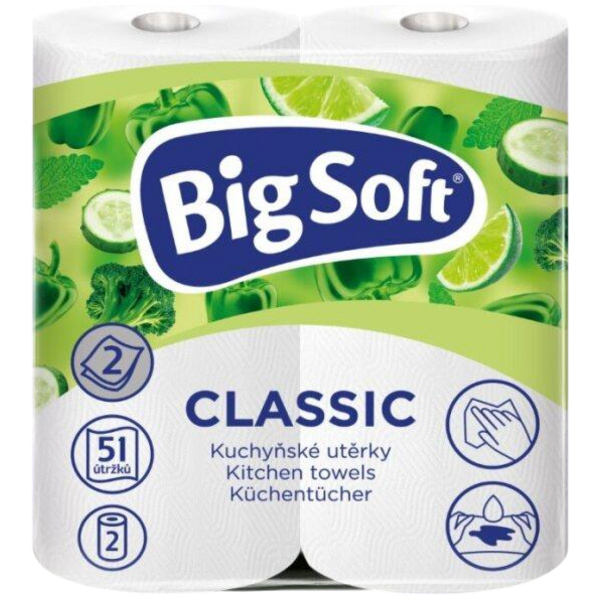 Big Soft Classic 2vrstvé kuchyňské papírové utěrky, 2× 51 útržků, 2 role Big Soft Classic 2vrstvé kuchyňské papírové utěrky, 2× 51 útržků, 2 role