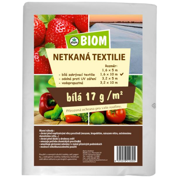 Biom netkaná textílie bílá 17 g/m² velikost 1,6 x 10 m Biom netkaná textílie bílá 17 g/m² velikost 1,6 x 10 m