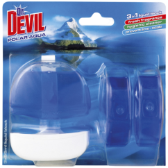 Dr. Devil 3v1 Polar Aqua tekutý WC blok, košíček + náplň 3× 55 ml