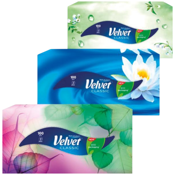 Velvet Classic 2vrstvé papírové kapesníky, 100 ks Velvet Classic 2vrstvé papírové kapesníky, 100 ks