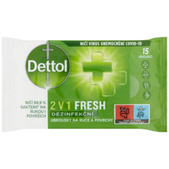 Dettol 2 v 1 Fresh dezinfekčné obrúsky na ruky a povrchy, 15 ks