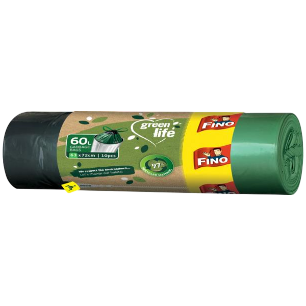 Fino Green Life recyklované PE zatahovací pytle na odpad, 63 × 72 cm, 60 l, 10 ks Fino Green Life recyklované PE zatahovací pytle na odpad, 63 × 72 cm, 60 l, 10 ks