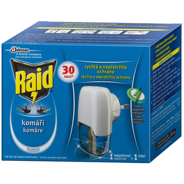 Raid elektrický odpařovač s tekutou náplní proti komárům, 30 nocí, 1+21 ml Raid elektrický odpařovač s tekutou náplní proti komárům, 30 nocí, 1+21 ml