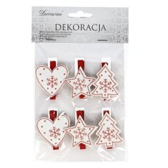 Kolíček s ozdobou srdce, vločka, stromček 6ks